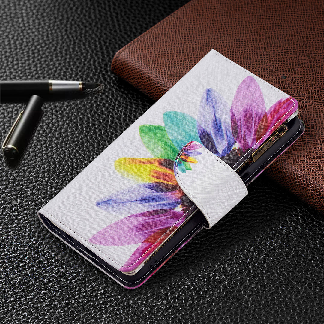 Pattern Printing PU Leather Wallet Shockproof Flip Cover Zipper Pocket Case with Stand and Strap for Oppo A16/A16s/A54s