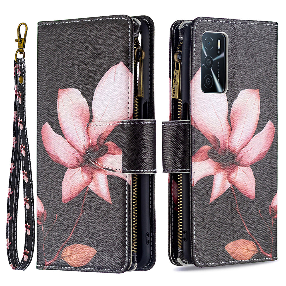 Pattern Printing PU Leather Wallet Shockproof Flip Cover Zipper Pocket Case with Stand and Strap for Oppo A16/A16s/A54s