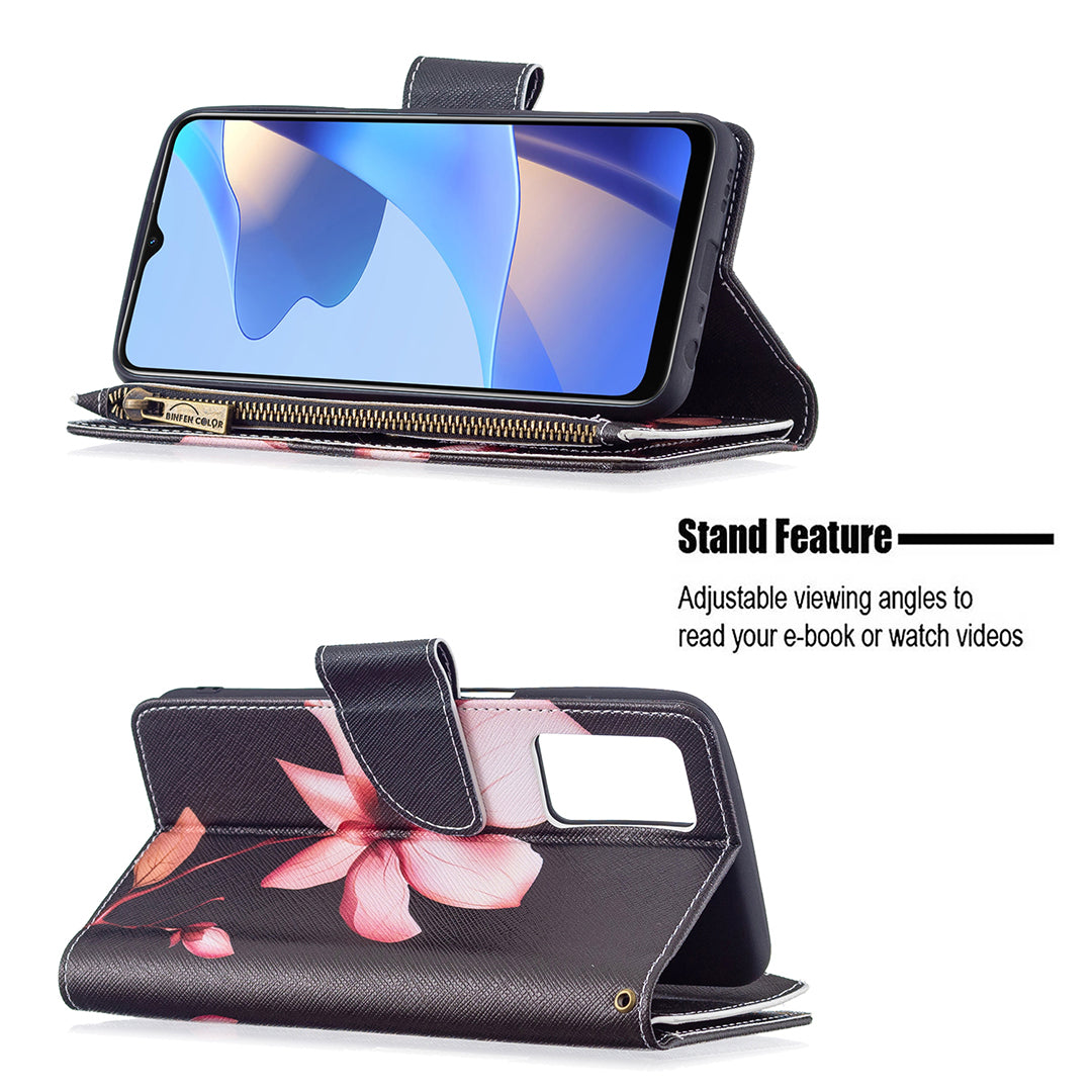 Pattern Printing PU Leather Wallet Shockproof Flip Cover Zipper Pocket Case with Stand and Strap for Oppo A16/A16s/A54s