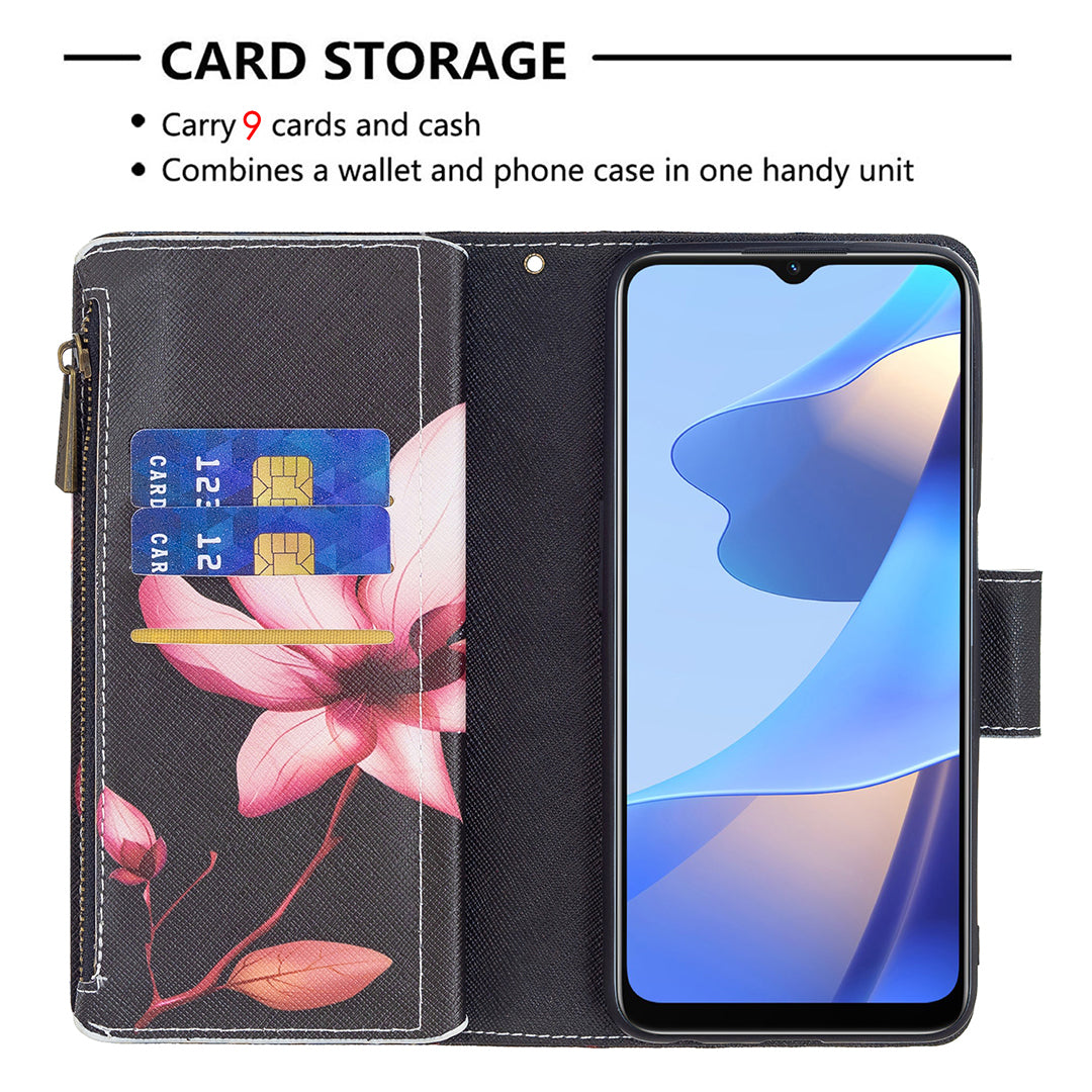 Pattern Printing PU Leather Wallet Shockproof Flip Cover Zipper Pocket Case with Stand and Strap for Oppo A16/A16s/A54s