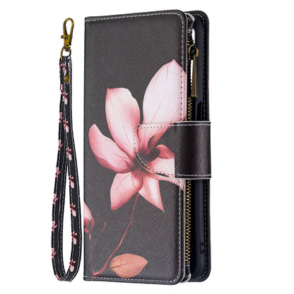 Pattern Printing PU Leather Wallet Shockproof Flip Cover Zipper Pocket Case with Stand and Strap for Oppo A16/A16s/A54s