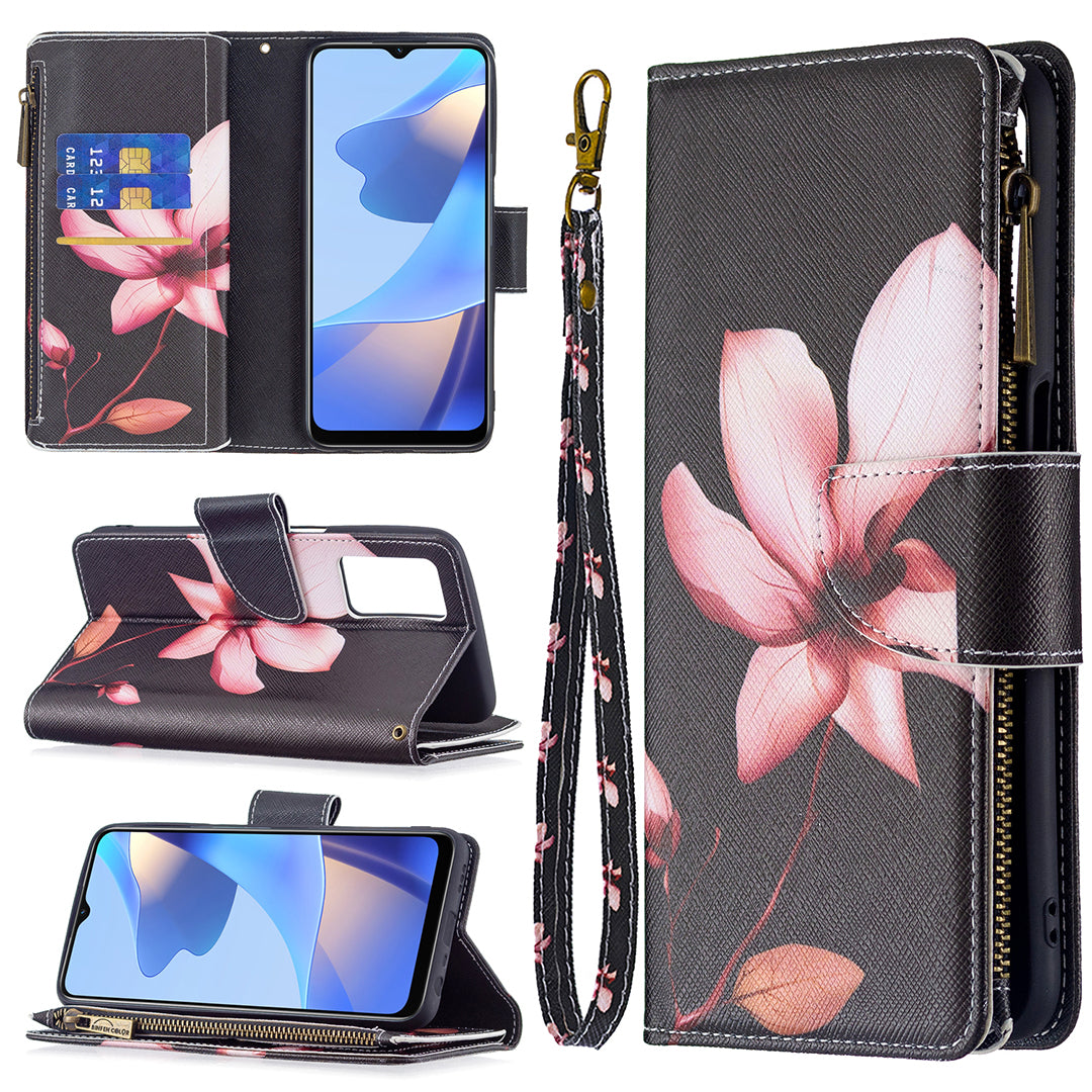 Pattern Printing PU Leather Wallet Shockproof Flip Cover Zipper Pocket Case with Stand and Strap for Oppo A16/A16s/A54s