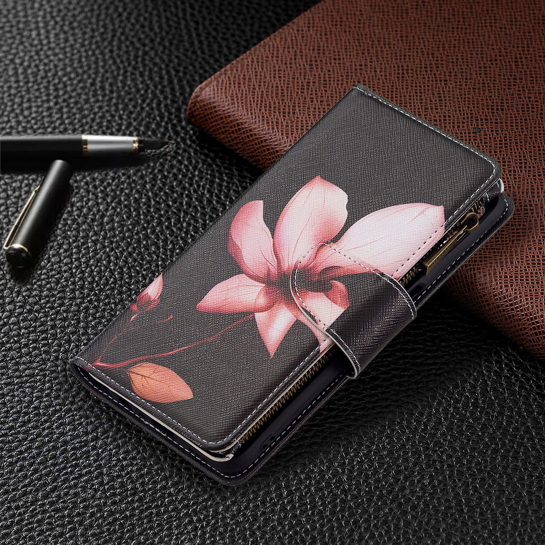 Pattern Printing PU Leather Wallet Shockproof Flip Cover Zipper Pocket Case with Stand and Strap for Oppo A16/A16s/A54s