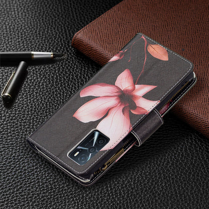 Pattern Printing PU Leather Wallet Shockproof Flip Cover Zipper Pocket Case with Stand and Strap for Oppo A16/A16s/A54s