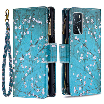 Pattern Printing PU Leather Wallet Shockproof Flip Cover Zipper Pocket Case with Stand and Strap for Oppo A16/A16s/A54s