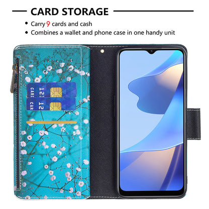 Pattern Printing PU Leather Wallet Shockproof Flip Cover Zipper Pocket Case with Stand and Strap for Oppo A16/A16s/A54s