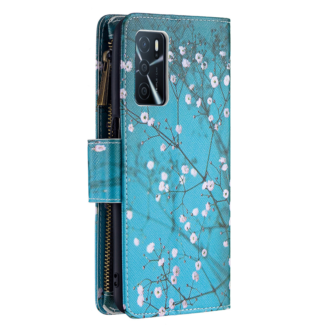 Pattern Printing PU Leather Wallet Shockproof Flip Cover Zipper Pocket Case with Stand and Strap for Oppo A16/A16s/A54s