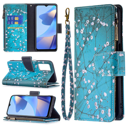 Pattern Printing PU Leather Wallet Shockproof Flip Cover Zipper Pocket Case with Stand and Strap for Oppo A16/A16s/A54s