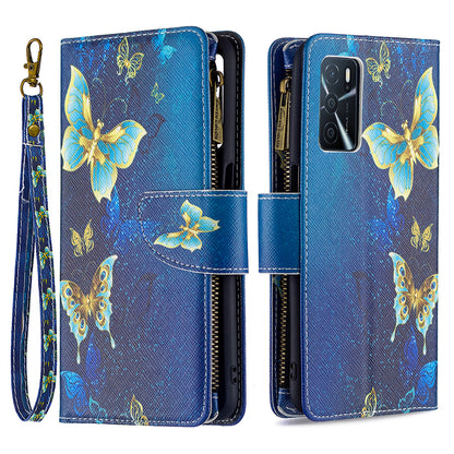 Pattern Printing PU Leather Wallet Shockproof Flip Cover Zipper Pocket Case with Stand and Strap for Oppo A16/A16s/A54s