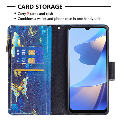 Pattern Printing PU Leather Wallet Shockproof Flip Cover Zipper Pocket Case with Stand and Strap for Oppo A16/A16s/A54s