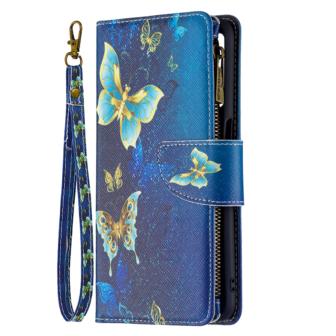 Pattern Printing PU Leather Wallet Shockproof Flip Cover Zipper Pocket Case with Stand and Strap for Oppo A16/A16s/A54s