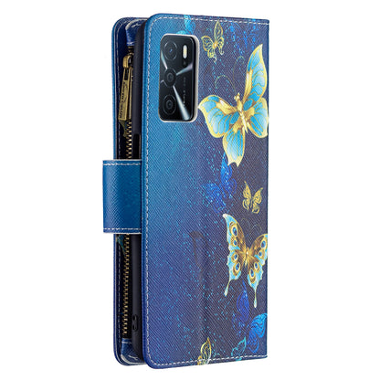 Pattern Printing PU Leather Wallet Shockproof Flip Cover Zipper Pocket Case with Stand and Strap for Oppo A16/A16s/A54s