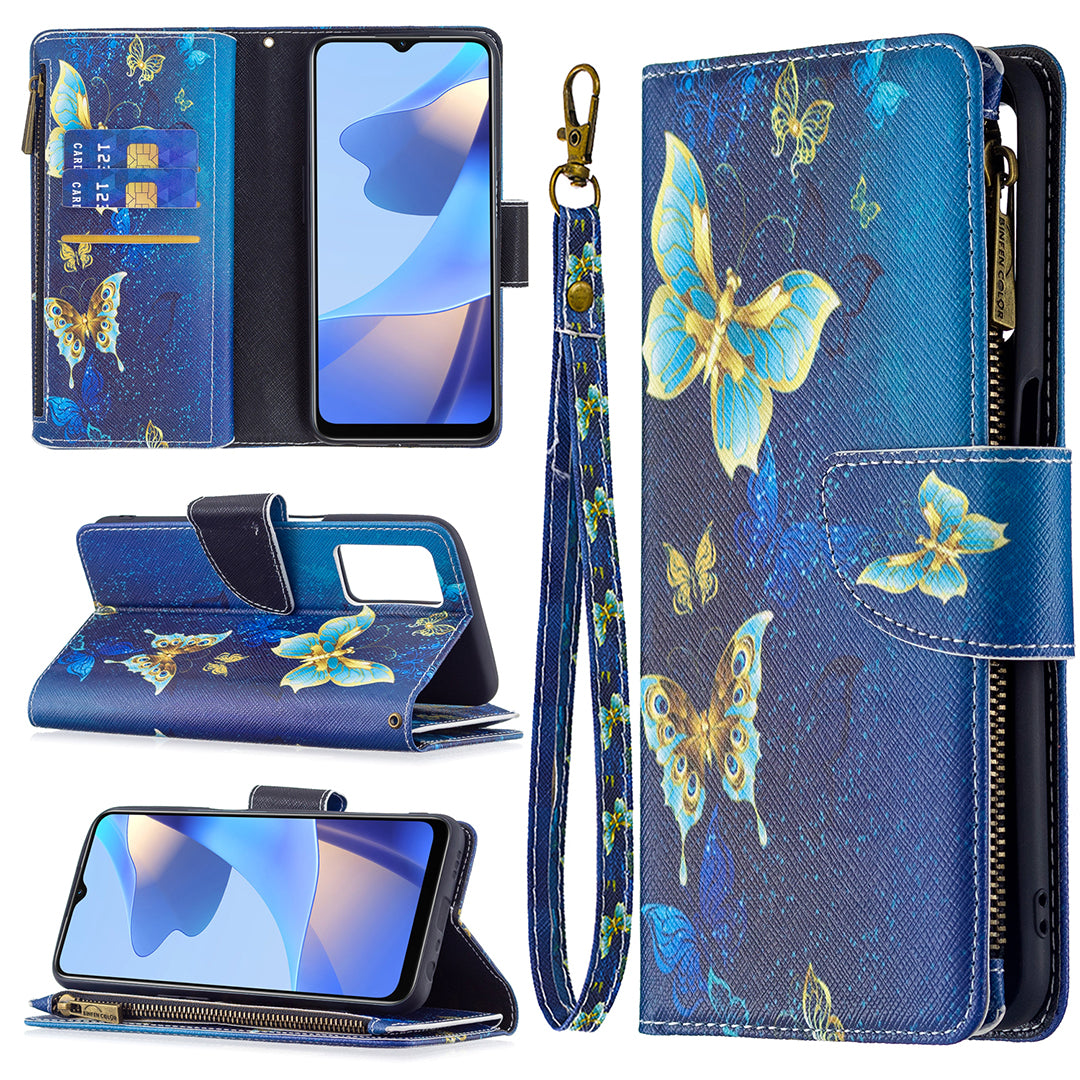 Pattern Printing PU Leather Wallet Shockproof Flip Cover Zipper Pocket Case with Stand and Strap for Oppo A16/A16s/A54s