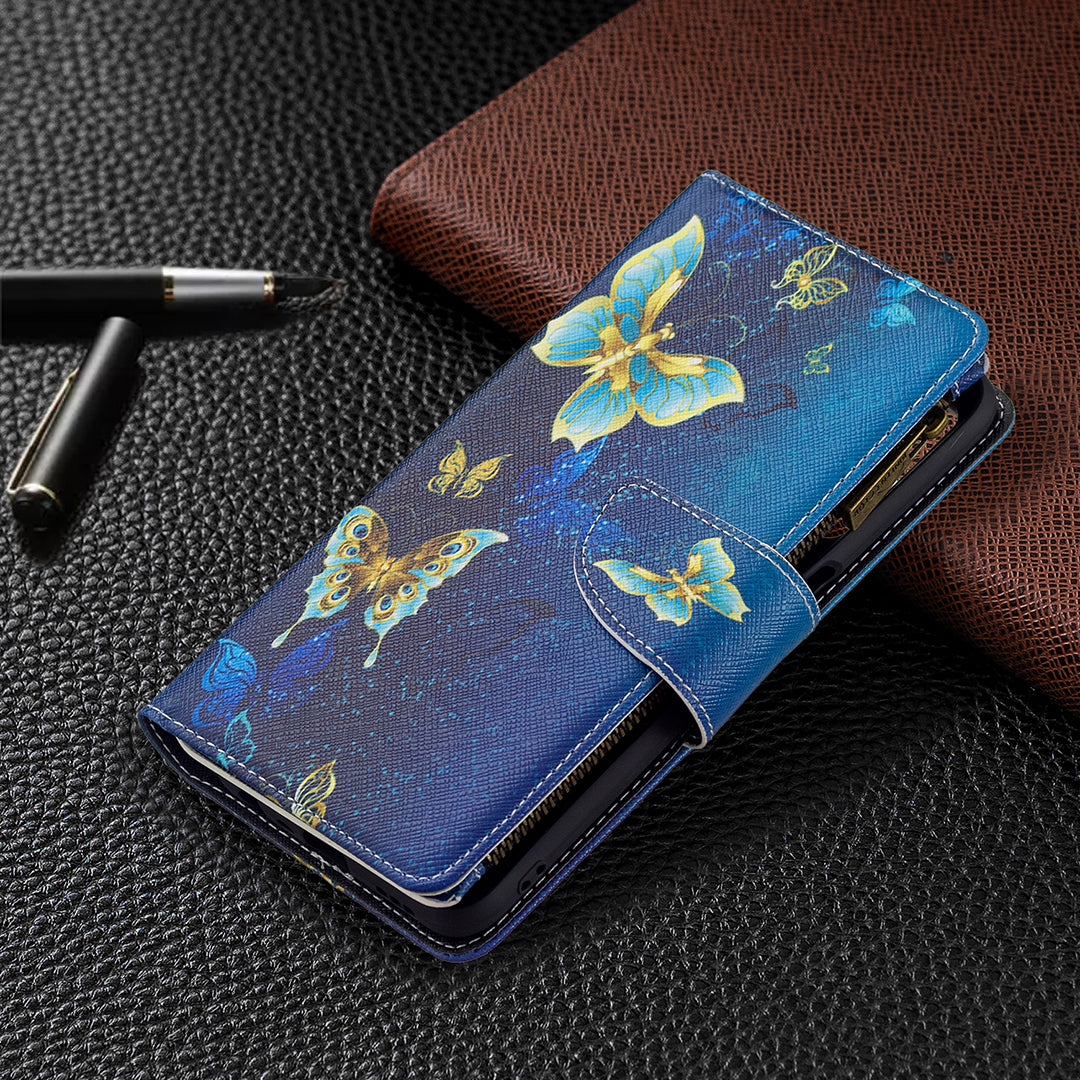 Pattern Printing PU Leather Wallet Shockproof Flip Cover Zipper Pocket Case with Stand and Strap for Oppo A16/A16s/A54s