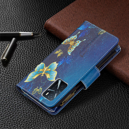 Pattern Printing PU Leather Wallet Shockproof Flip Cover Zipper Pocket Case with Stand and Strap for Oppo A16/A16s/A54s