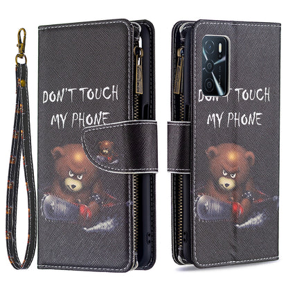 Pattern Printing PU Leather Wallet Shockproof Flip Cover Zipper Pocket Case with Stand and Strap for Oppo A16/A16s/A54s