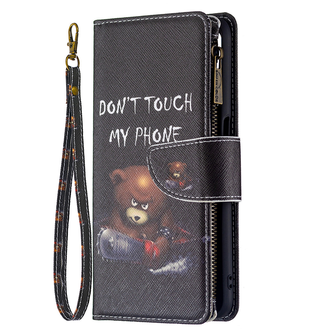 Pattern Printing PU Leather Wallet Shockproof Flip Cover Zipper Pocket Case with Stand and Strap for Oppo A16/A16s/A54s