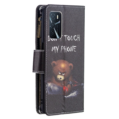 Pattern Printing PU Leather Wallet Shockproof Flip Cover Zipper Pocket Case with Stand and Strap for Oppo A16/A16s/A54s