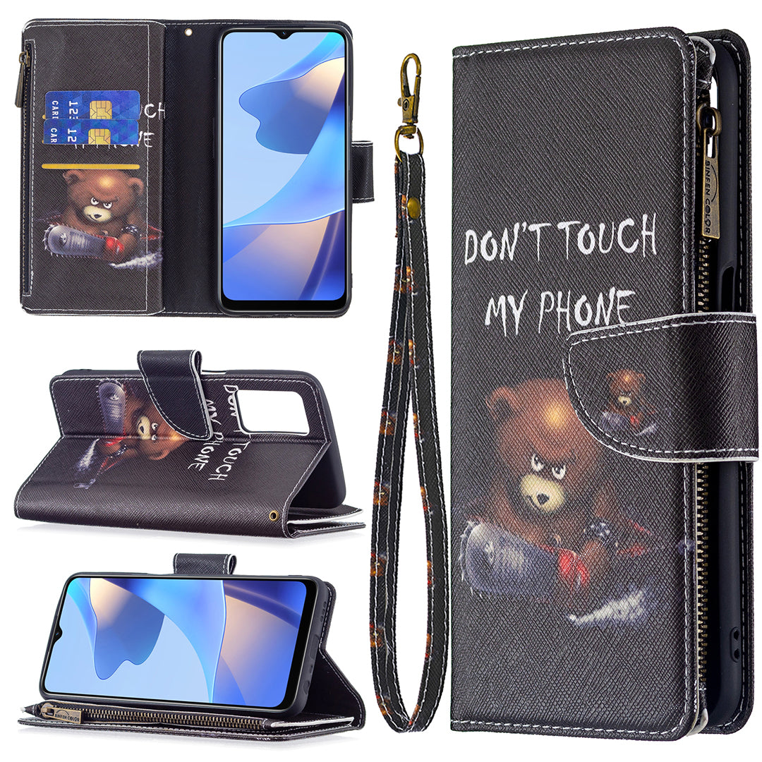 Pattern Printing PU Leather Wallet Shockproof Flip Cover Zipper Pocket Case with Stand and Strap for Oppo A16/A16s/A54s