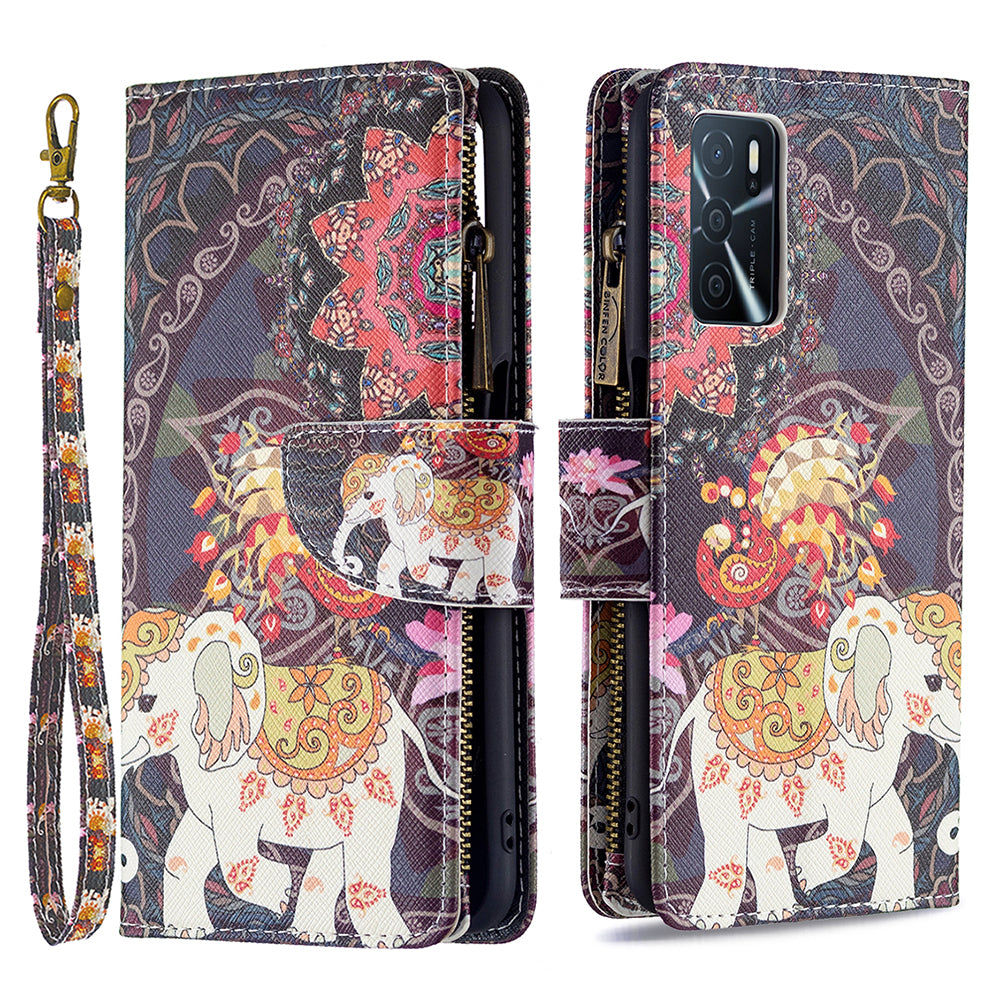 Pattern Printing PU Leather Wallet Shockproof Flip Cover Zipper Pocket Case with Stand and Strap for Oppo A16/A16s/A54s