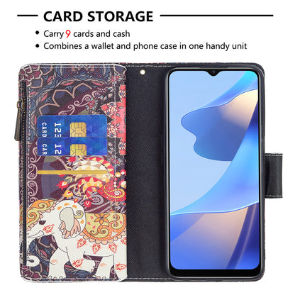 Pattern Printing PU Leather Wallet Shockproof Flip Cover Zipper Pocket Case with Stand and Strap for Oppo A16/A16s/A54s