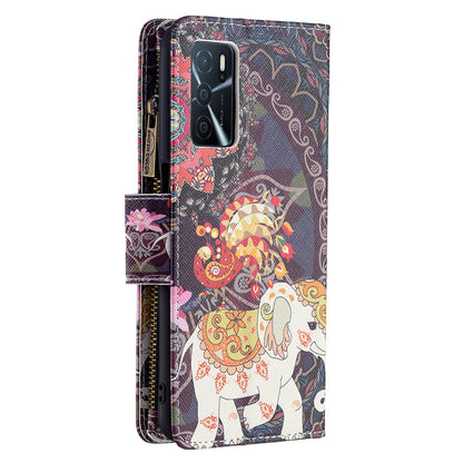 Pattern Printing PU Leather Wallet Shockproof Flip Cover Zipper Pocket Case with Stand and Strap for Oppo A16/A16s/A54s