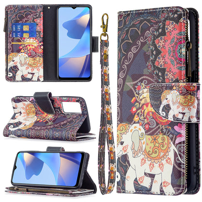 Pattern Printing PU Leather Wallet Shockproof Flip Cover Zipper Pocket Case with Stand and Strap for Oppo A16/A16s/A54s