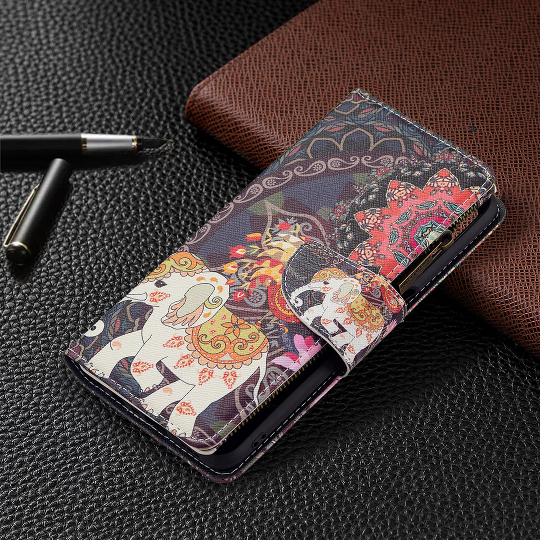 Pattern Printing PU Leather Wallet Shockproof Flip Cover Zipper Pocket Case with Stand and Strap for Oppo A16/A16s/A54s