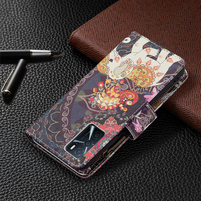 Pattern Printing PU Leather Wallet Shockproof Flip Cover Zipper Pocket Case with Stand and Strap for Oppo A16/A16s/A54s