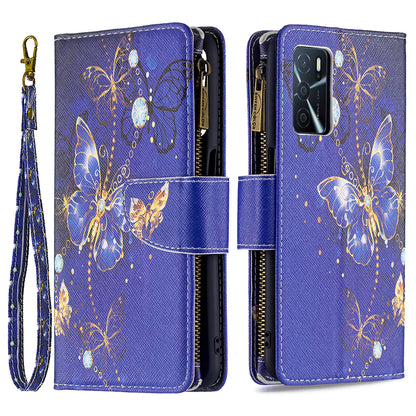 Pattern Printing PU Leather Wallet Shockproof Flip Cover Zipper Pocket Case with Stand and Strap for Oppo A16/A16s/A54s