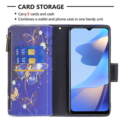 Pattern Printing PU Leather Wallet Shockproof Flip Cover Zipper Pocket Case with Stand and Strap for Oppo A16/A16s/A54s