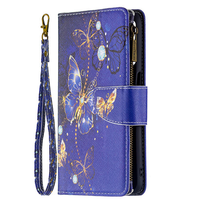 Pattern Printing PU Leather Wallet Shockproof Flip Cover Zipper Pocket Case with Stand and Strap for Oppo A16/A16s/A54s