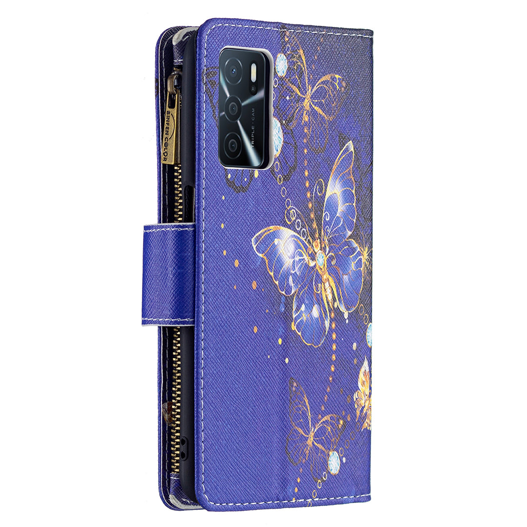 Pattern Printing PU Leather Wallet Shockproof Flip Cover Zipper Pocket Case with Stand and Strap for Oppo A16/A16s/A54s