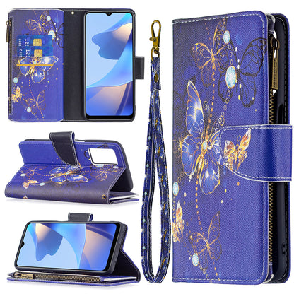 Pattern Printing PU Leather Wallet Shockproof Flip Cover Zipper Pocket Case with Stand and Strap for Oppo A16/A16s/A54s