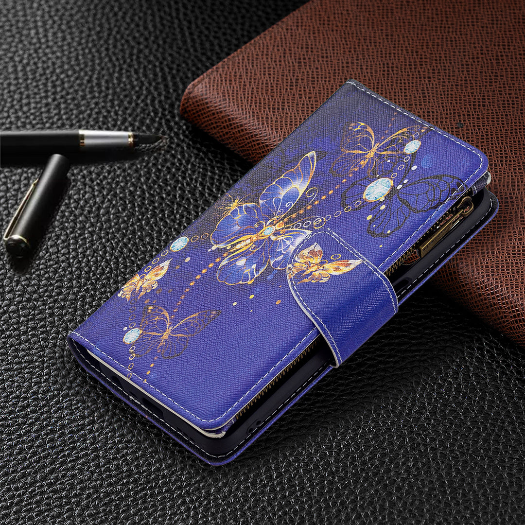 Pattern Printing PU Leather Wallet Shockproof Flip Cover Zipper Pocket Case with Stand and Strap for Oppo A16/A16s/A54s