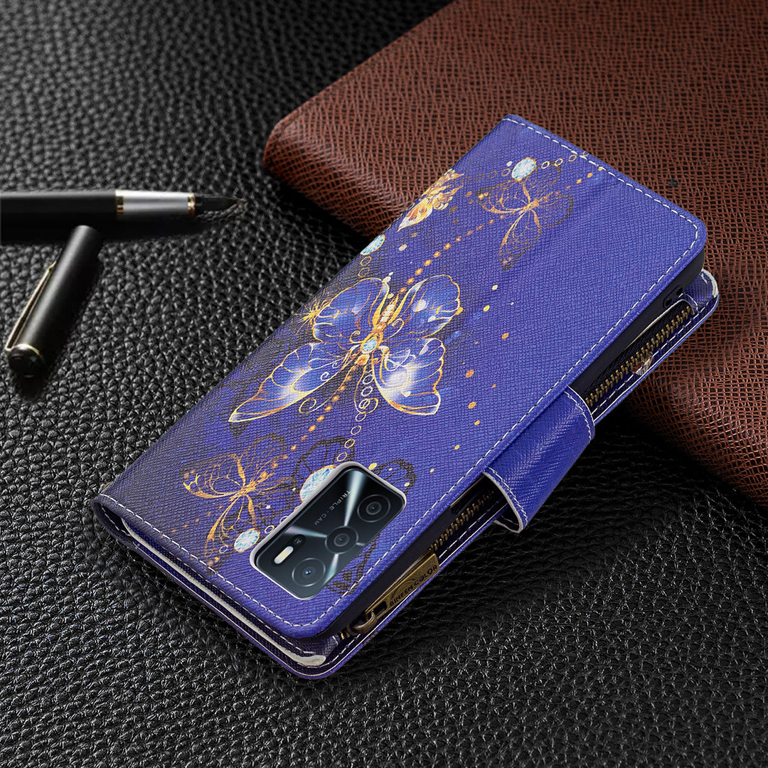 Pattern Printing PU Leather Wallet Shockproof Flip Cover Zipper Pocket Case with Stand and Strap for Oppo A16/A16s/A54s