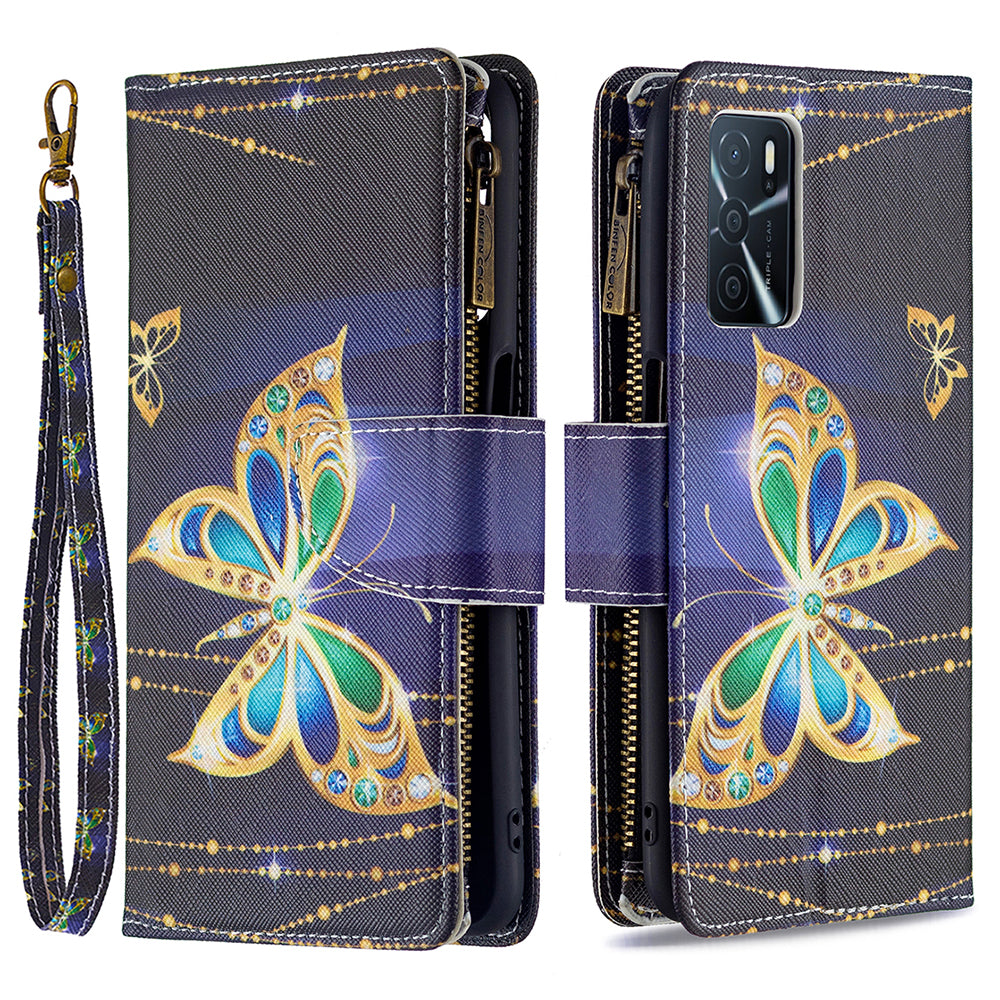 Pattern Printing PU Leather Wallet Shockproof Flip Cover Zipper Pocket Case with Stand and Strap for Oppo A16/A16s/A54s