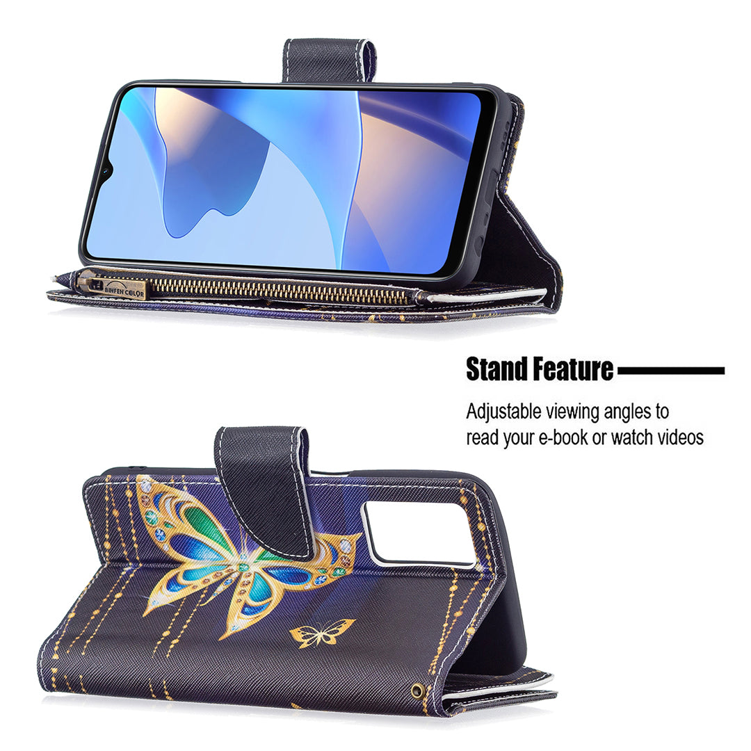 Pattern Printing PU Leather Wallet Shockproof Flip Cover Zipper Pocket Case with Stand and Strap for Oppo A16/A16s/A54s