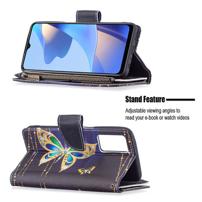 Pattern Printing PU Leather Wallet Shockproof Flip Cover Zipper Pocket Case with Stand and Strap for Oppo A16/A16s/A54s