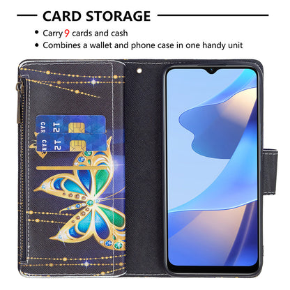 Pattern Printing PU Leather Wallet Shockproof Flip Cover Zipper Pocket Case with Stand and Strap for Oppo A16/A16s/A54s