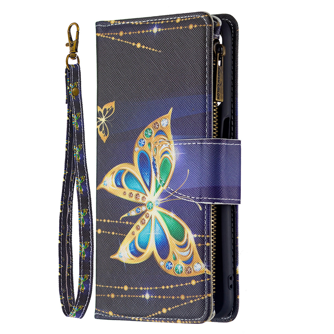 Pattern Printing PU Leather Wallet Shockproof Flip Cover Zipper Pocket Case with Stand and Strap for Oppo A16/A16s/A54s