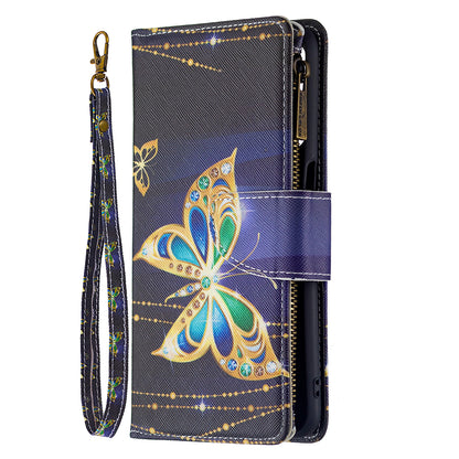 Pattern Printing PU Leather Wallet Shockproof Flip Cover Zipper Pocket Case with Stand and Strap for Oppo A16/A16s/A54s