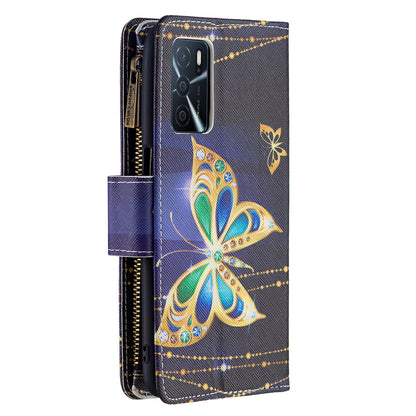 Pattern Printing PU Leather Wallet Shockproof Flip Cover Zipper Pocket Case with Stand and Strap for Oppo A16/A16s/A54s