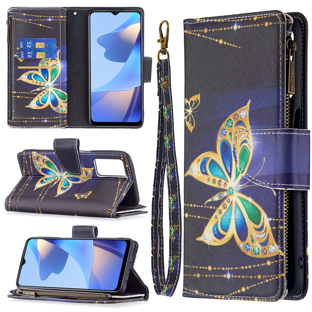 Pattern Printing PU Leather Wallet Shockproof Flip Cover Zipper Pocket Case with Stand and Strap for Oppo A16/A16s/A54s