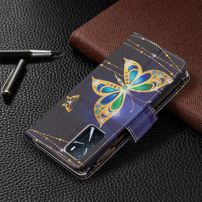 Pattern Printing PU Leather Wallet Shockproof Flip Cover Zipper Pocket Case with Stand and Strap for Oppo A16/A16s/A54s