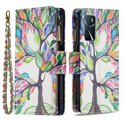 Pattern Printing PU Leather Wallet Shockproof Flip Cover Zipper Pocket Case with Stand and Strap for Oppo A16/A16s/A54s