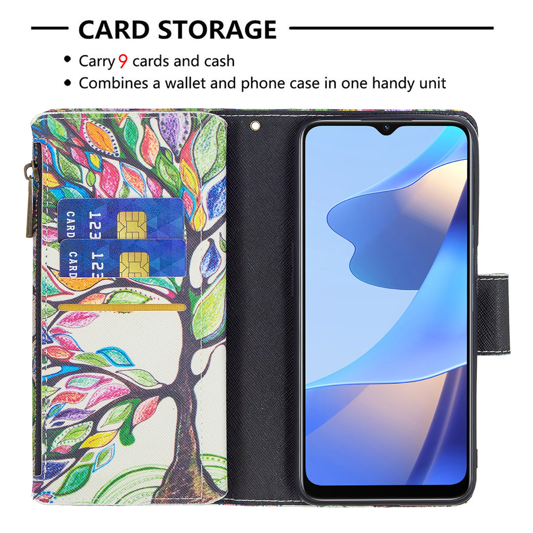 Pattern Printing PU Leather Wallet Shockproof Flip Cover Zipper Pocket Case with Stand and Strap for Oppo A16/A16s/A54s