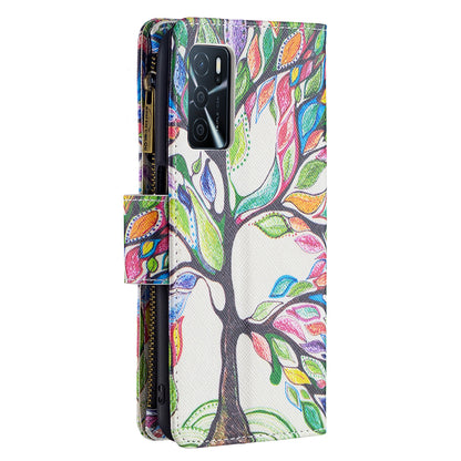 Pattern Printing PU Leather Wallet Shockproof Flip Cover Zipper Pocket Case with Stand and Strap for Oppo A16/A16s/A54s