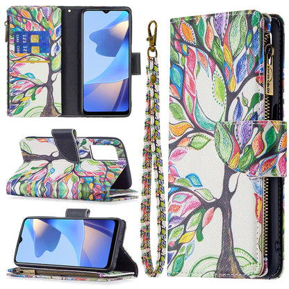 Pattern Printing PU Leather Wallet Shockproof Flip Cover Zipper Pocket Case with Stand and Strap for Oppo A16/A16s/A54s