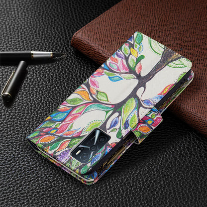 Pattern Printing PU Leather Wallet Shockproof Flip Cover Zipper Pocket Case with Stand and Strap for Oppo A16/A16s/A54s